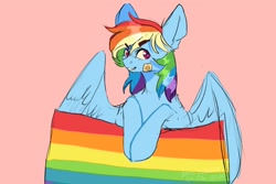 Size: 1500x1000 | Tagged: safe, artist:ametffe, artist:amethesaladhair, imported from derpibooru, rainbow dash, pegasus, pony, bandage, female, flag, gay pride, gay pride flag, headcanon, lgbt headcanon, pink background, pride, pride flag, pride month, rainbow, rainbow flag, sexuality headcanon, simple background, solo