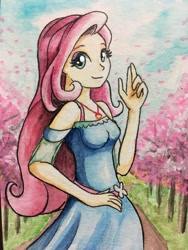 Size: 900x1200 | Tagged: safe, artist:astevenamedwolf, imported from derpibooru, fluttershy, equestria girls, equestria girls series, female, geode of fauna, looking at you, magical geodes, smiling, solo, traditional art, tree