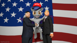 Size: 1280x720 | Tagged: safe, artist:batponyecho, imported from derpibooru, oc, oc:echo, bat pony, human, pony, 3d, american flag, bat pony oc, bat wings, cap, donald trump, downvote bait, female, hat, kim jong-un, maga hat, mare, politics, sfm pony, shaking, source filmmaker, spread wings, wings