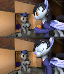 Size: 1279x1458 | Tagged: safe, artist:batponyecho, imported from derpibooru, oc, oc only, oc:echo, oc:mitzy, bat pony, pony, 3d, about to cry, alley, alleyway, bat pony oc, bat wings, box, can, clothes, comic, cruel, duo, eating, female, food, herbivore, homeless, mango, mare, nope, poor, pure unfiltered evil, sad, sfm pony, source filmmaker, spread wings, wings