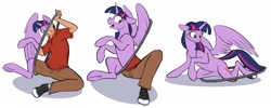 Size: 3483x1400 | Tagged: safe, artist:tf-sential, deleted from derpibooru, imported from derpibooru, twilight sparkle, oc, oc:acesential, alicorn, human, pony, clothes, female, hula hoop of ponification, human to pony, male, male to female, mare, ring, rule 63, simple background, solo, transformation, transformation ring, transformation sequence, transgender transformation, twilight sparkle (alicorn), white background