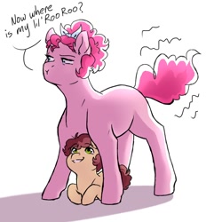 Size: 768x768 | Tagged: safe, artist:vennyredmoon, imported from derpibooru, pinkie pie, oc, oc:macaroni, pony, colt, female, hiding, male, mama pinkie, missing cutie mark, mother and child, mother and son, offspring, parent:cheese sandwich, parent:pinkie pie, parents:cheesepie, simple background, twitchy tail, white background