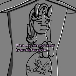 Size: 1000x1000 | Tagged: safe, artist:technocolt, imported from derpibooru, discord, starlight glimmer, pony, unicorn, atg 2020, clock, dialogue, monochrome, newbie artist training grounds