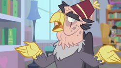 Size: 1920x1080 | Tagged: safe, imported from derpibooru, screencap, grampa gruff, griffon, a horse shoe-in, blind eye, eye scar, fez, hat, male, scar, solo, spread arms