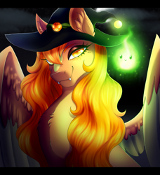 Size: 1759x1932 | Tagged: safe, artist:_ladybanshee_, imported from derpibooru, oc, oc only, oc:pumpkin punch, pegasus, pony, fangs, hat, nightmare night, solo, spooky, wisp, witch, witch hat