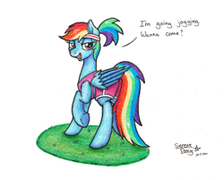 Size: 1969x1582 | Tagged: safe, artist:serenepony, imported from derpibooru, rainbow dash, pegasus, pony, alternate hairstyle, bronybait, clothes, dialogue, female, jogging, looking at you, looking back, looking back at you, mare, simple background, solo, sweatband, traditional art