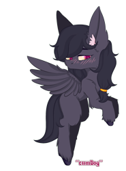 Size: 1920x2600 | Tagged: safe, artist:~cumdog~, imported from derpibooru, oc, oc only, oc:mir, pegasus, big ears, blushing, cel shading, cell shaded, commission, ear fluff, female, flying, hair tie, leg fluff, missing cutie mark, simple background, spread wings, transparent background, wings, ych result