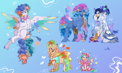 Size: 2000x1200 | Tagged: safe, artist:bunnari, imported from derpibooru, oc, oc only, oc:blue lemonade, oc:bubble piñata, oc:jelly fishbowl, oc:polaris party, oc:seafoam bliss, classical hippogriff, hippogriff, hybrid, princessverse, female, interspecies offspring, magical lesbian spawn, male, offspring, parent:pinkie pie, parent:princess skystar, parents:skypie