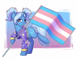 Size: 4200x3300 | Tagged: safe, artist:violyre, imported from derpibooru, trixie, pony, unicorn, abstract background, alternate hairstyle, babysitter trixie, clothes, female, flag, gender headcanon, hoodie, lgbt headcanon, mare, pigtails, pride, pride flag, solo, tongue out, trans female, trans girl, trans trixie, transgender, transgender pride flag, twintails