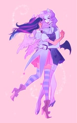 Size: 1227x1961 | Tagged: safe, artist:apk17_20, imported from derpibooru, rarity, twilight sparkle, human, vampire, boots, clothes, coat, dress, female, high heel boots, humanized, lesbian, looking at each other, pony ears, rarilight, shipping, shoes, skirt, socks, sparkles, stockings, striped socks, thigh highs, winged humanization, wings, witch