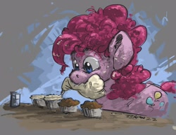 Size: 3300x2550 | Tagged: safe, artist:rigbyh00ves, artist:th3ipodm0n, imported from derpibooru, pinkie pie, earth pony, pony, baking, cupcake, female, food, icing bag, looking at something, mare, mouth hold, solo, three quarter view