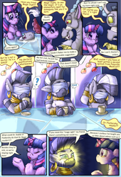 Size: 2160x3168 | Tagged: safe, artist:firefanatic, imported from derpibooru, discord, twilight sparkle, zecora, alicorn, draconequus, pony, zebra, comic:friendship management, blindfold, comic, cup, dialogue, glowing eyes, shrug, teacup, twilight sparkle (alicorn), what is hoo-man