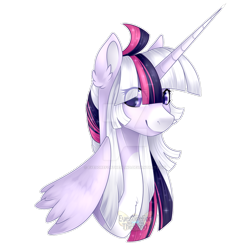 Size: 1280x1280 | Tagged: safe, artist:eyesorefortheblind, imported from derpibooru, oc, oc only, oc:mystic mysteries, alicorn, pony, alicorn oc, bust, deviantart watermark, horn, looking at you, obtrusive watermark, simple background, solo, transparent background, watermark, wings