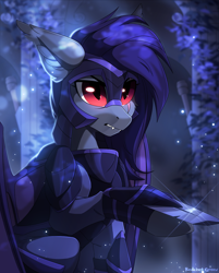 Size: 1300x1613 | Tagged: safe, artist:redchetgreen, imported from derpibooru, oc, oc only, oc:night hunt, bat pony, pony, armor, bat pony oc, bat wings, ear fluff, fangs, hoof blades, raised hoof, red eyes, scar, sitting, slit eyes, slit pupils, solo, wings