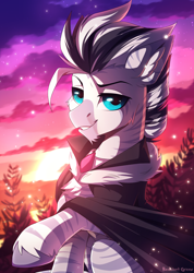 Size: 1200x1683 | Tagged: safe, artist:redchetgreen, imported from derpibooru, oc, oc only, oc:zerus, zebra, clothes, cloud, male, scenery, sky, tree, zebra oc