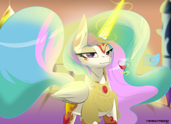 Size: 4816x3508 | Tagged: safe, artist:therealf1rebird, imported from derpibooru, princess celestia, alicorn, pony, alcohol, armor, canterlot, ears, eye, eyelashes, eyes, female, flag, freckles, gem, horn, jewelry, magic, mane, mare, ruby, sky, solo, wine, wineglass