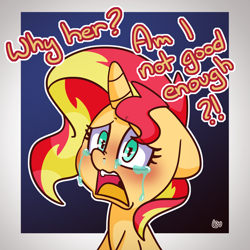 Size: 1500x1500 | Tagged: safe, artist:lou, imported from derpibooru, sunset shimmer, pony, unicorn, bronybait, crying, dialogue, female, floppy ears, implied starlight glimmer, mare, open mouth, question, sad, solo, teary eyes
