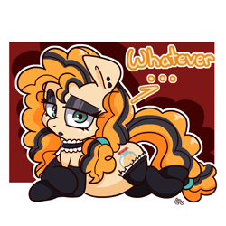 Size: 1500x1500 | Tagged: safe, artist:lou, imported from derpibooru, pear butter, earth pony, pony, ..., clothes, dialogue, ear piercing, eyeshadow, female, goth, highlights, lipstick, makeup, mare, piercing, prone, socks, solo