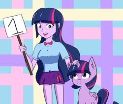 Size: 2556x2164 | Tagged: safe, artist:artiks, imported from derpibooru, twilight sparkle, alicorn, pony, equestria girls, atg 2020, female, human ponidox, looking at each other, newbie artist training grounds, self ponidox, solo, twilight sparkle (alicorn)