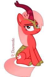 Size: 1590x2600 | Tagged: safe, artist:arifproject, edit, imported from derpibooru, oc, oc:downvote, kirin, pony, derpibooru, cloven hooves, cute, derpibooru ponified, female, horn, kirin-ified, looking at you, mare, meta, ponified, simple background, sitting, smiling, smirk, species swap, text, transparent background, vector