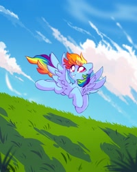 Size: 2000x2500 | Tagged: safe, alternate version, artist:mirtash, imported from derpibooru, rainbow dash, pegasus, pony, chest fluff, cloud, ear fluff, female, flying, grass, grass field, high res, looking up, mare, outdoors, sky, smiling, solo, spread wings, wings