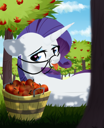 Size: 1300x1600 | Tagged: safe, artist:shiny, artist:shiny-dust, imported from derpibooru, rarity, pony, unicorn, apple, apple orchard, apple tree, bridle, bucket, female, food, garden, heart eyes, laying on ground, looking at you, lying on the ground, mare, orchard, reins, solo, tack, tongue out, tree, wingding eyes