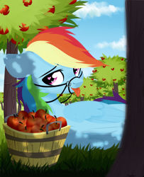 Size: 1300x1600 | Tagged: safe, artist:shiny, artist:shiny-dust, imported from derpibooru, rainbow dash, pony, apple, apple tree, bridle, female, food, heart eyes, laying on ground, looking at you, lying on the ground, reins, solo, tack, tongue out, tree, wingding eyes