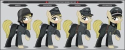 Size: 1280x512 | Tagged: safe, artist:brony-works, imported from derpibooru, oc, oc only, earth pony, pony, boots, clothes, earth pony oc, eyelashes, female, hat, helmet, mare, nazi, nazi germany, raised hoof, reference sheet, shoes, smiling, solo, uniform