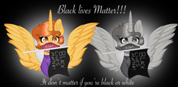 Size: 6671x3259 | Tagged: safe, artist:doraeartdreams-aspy, imported from derpibooru, oc, oc:aspen, alicorn, alicorn oc, bandana, black lives matter, bodysuit, duo, flag, george floyd, george floyd protests, hippie, horn, jewelry, necklace, peace suit, peace symbol, politics, protest, wings