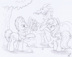 Size: 3050x2445 | Tagged: safe, artist:xeviousgreenii, imported from derpibooru, doctor whooves, roseluck, time turner, dragon, pony, apple, atg 2020, food, monochrome, newbie artist training grounds, traditional art, tree