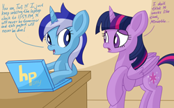 Size: 2400x1500 | Tagged: safe, artist:notadeliciouspotato, imported from derpibooru, minuette, twilight sparkle, alicorn, pony, unicorn, atg 2020, computer, dialogue, duo, female, folded wings, frown, hpony, laptop computer, looking at each other, mare, newbie artist training grounds, raised hoof, smiling, speech bubble, table, twilight sparkle (alicorn), wings