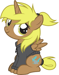 Size: 1589x2042 | Tagged: safe, artist:lightning stripe, derpibooru exclusive, imported from derpibooru, oc, oc only, oc:storm cloud, alicorn, pony, alicorn oc, brown coat, clothes, commission, cute, cutie mark, female, filly, foal, hoodie, horn, messy mane, ponytail, show accurate, simple background, sitting, solo, tail bun, transparent background, vector, wings, yellow eyes, yellow hair, yellow mane