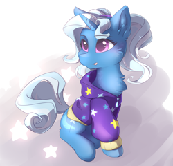 Size: 2500x2400 | Tagged: safe, artist:dreamweaverpony, imported from derpibooru, trixie, pony, unicorn, alternate hairstyle, babysitter trixie, beautiful, cape, cheek fluff, chest fluff, clothes, coat, cute, diatrixes, ear fluff, female, fluffy, high res, hoodie, mare, simple background, sitting, smiling, solo, trixie's cape