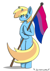 Size: 642x924 | Tagged: safe, artist:skydreams, imported from derpibooru, oc, oc only, oc:skydreams, pony, unicorn, bisexual, bisexual pride flag, blushing, female, flag, mare, pride, pride flag, pride month, simple background, solo, standing, transparent background