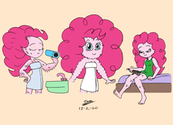 Size: 2339x1700 | Tagged: safe, artist:tmntsam, imported from derpibooru, pinkie pie, human, equestria girls, alternate universe, brushie, clothes, dress, female, fur, furry human, hair blow dryer, hair dryer, solo, towel