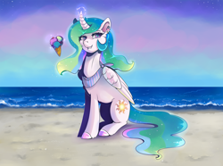 Size: 2300x1715 | Tagged: safe, artist:mylittlegodzilla, derpibooru exclusive, imported from derpibooru, princess celestia, alicorn, pony, accessories, accessory, beach, cutie mark, ear piercing, female, food, glowing horn, horn, ice cream, ice cream cone, levitation, magic, ocean, piercing, sand, sitting, smiling, solo, telekinesis, vacation