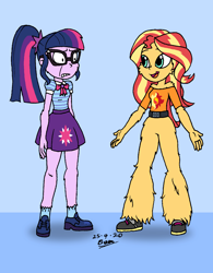 Size: 1323x1700 | Tagged: safe, artist:tmntsam, imported from derpibooru, sci-twi, sunset shimmer, twilight sparkle, human, equestria girls, alternate universe, belt, bottomless, casual nudity, clothes, duo, featureless crotch, female, fur, furry human, hairy legs, nudity, partial nudity, ponytail, strategically covered, wide eyes