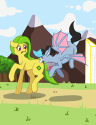 Size: 2300x3000 | Tagged: safe, artist:jiralightstalker, artist:sondy, deleted from derpibooru, imported from derpibooru, oc, oc only, oc:bit assembly, oc:starskipper, bat pony, earth pony, bat pony oc, bat wings, building, cloud, concerned, cutie mark, earth pony oc, eyeshadow, forest, makeup, mountain, multicolored hair, outdoors, shipping, spread wings, wings