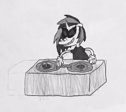 Size: 640x570 | Tagged: safe, artist:whistle blossom, imported from derpibooru, dj pon-3, vinyl scratch, anthro, plantigrade anthro, unicorn, black and white, clothes, cuphead, female, gloves, grayscale, grin, mare, monochrome, old timey, record player, simple background, smiling, solo, style emulation, traditional art, white background
