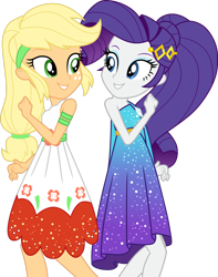 Size: 1280x1621 | Tagged: safe, artist:cloudy glow, artist:cloudyglow, imported from derpibooru, applejack, rarity, equestria girls, i'm on a yacht, spoiler:eqg series (season 2), clothes, cruise outfit, dress, duo, female, grin, looking at each other, looking at someone, ponytail, simple background, sleeveless, smiling, smiling at each other, transparent background, vector