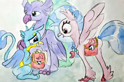 Size: 2000x1333 | Tagged: safe, artist:mandumustbasukanemen, imported from derpibooru, gallus, seaspray, silverstream, classical hippogriff, griffon, hippogriff, atg 2020, bag, cute, diastreamies, female, gallabetes, happy, male, mandumustbasukanemen is trying to murder us, newbie artist training grounds, saddle bag, spread wings, traditional art, wings