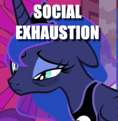 Size: 493x508 | Tagged: safe, edit, edited screencap, imported from derpibooru, screencap, princess luna, pony, a royal problem, bags under eyes, caption, cropped, exhausted, female, image macro, solo, text