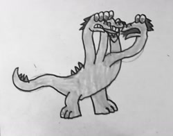 Size: 1280x1005 | Tagged: safe, artist:whistle blossom, imported from derpibooru, hydra, black and white, cuphead, grayscale, marker drawing, monochrome, multiple heads, old timey, simple background, style emulation, traditional art, white background