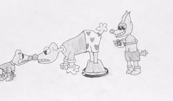 Size: 640x374 | Tagged: safe, artist:whistle blossom, imported from derpibooru, fido, rover, spot, anthro, diamond dog, digitigrade anthro, black and white, clothes, cuphead, evil grin, eyes on the prize, gem, gloves, grayscale, grin, male, monochrome, old timey, simple background, smiling, style emulation, traditional art, trio, trio male, underwear, white background