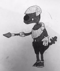 Size: 538x640 | Tagged: safe, artist:whistle blossom, imported from derpibooru, anthro, diamond dog, digitigrade anthro, armor, belly button, black and white, clothes, cuphead, gloves, grayscale, guard, monochrome, old timey, simple background, solo, spear, style emulation, traditional art, weapon, white background