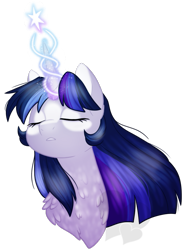 Size: 649x873 | Tagged: safe, artist:faith-wolff, imported from derpibooru, oc, oc only, oc:stella nova, pony, unicorn, bust, eyes closed, female, magic, mare, neck fluff, offspring, parent:flash sentry, parent:twilight sparkle, parents:flashlight, portrait, simple background, solo, transparent background