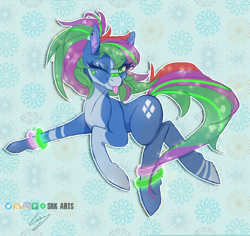 Size: 3508x3306 | Tagged: safe, artist:srk-arts, imported from derpibooru, oc, oc only, earth pony, pony, abstract background, blue, cutie mark, dancing, festival, glow, glowing, happy, jumping, one eye closed, party, pattern, solo, streak, tongue out, wink, winking at you