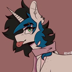 Size: 900x900 | Tagged: safe, artist:azusadrawz, imported from derpibooru, oc, oc only, pony, unicorn, :p, brown background, clothes, ear piercing, earring, horn, jewelry, piercing, scarf, simple background, solo, tongue out, unicorn oc