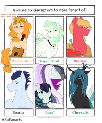 Size: 1693x2048 | Tagged: safe, artist:mamiblossomuwu, artist:shinningblossom12, imported from derpibooru, big macintosh, coloratura, pear butter, queen chrysalis, soarin', vapor trail, changeling, changeling queen, earth pony, pegasus, pony, six fanarts, apple, bust, clothes, countess coloratura, duality, female, floral head wreath, flower, food, guitar, horse collar, jewelry, male, mare, musical instrument, necklace, see-through, smiling, stallion, unshorn fetlocks, veil, yoke