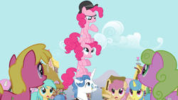 Size: 2000x1125 | Tagged: safe, imported from derpibooru, screencap, cherry berry, daisy, dizzy twister, fancypants, flower wishes, lemon hearts, orange swirl, pinkie pie, sunshower raindrops, earth pony, pegasus, pony, unicorn, season 3, too many pinkie pies, bowler hat, clone, female, frown, hat, looking up, male, mare, monocle, pinkie clone, pointing at self, pony pile, sitting on head, stallion, tower of pony